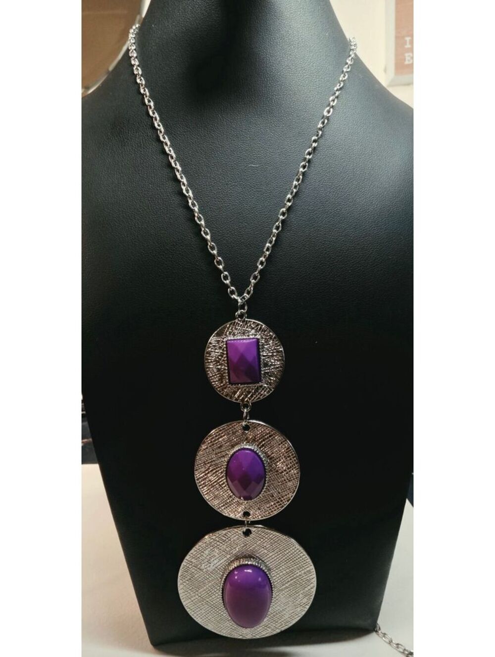 Silver Tone Triple Disc Pendant Necklace with Purple Stones